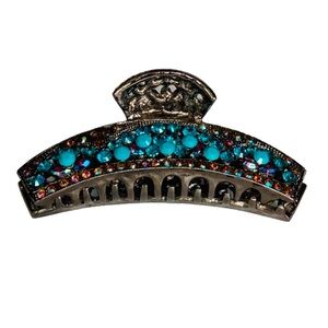 Turquoise, Rhinestone and Gunmetal Claw Hair Clip Gorgeous 3.25” Made in France